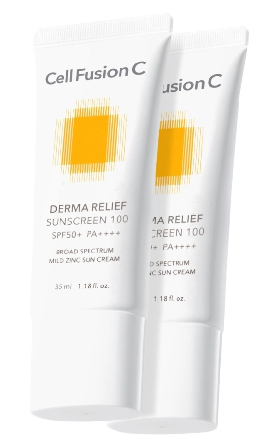 Cell Fusion C Derma Relief Sunscreen 100 SPF 50+ / PA++++ ZESTAW Nawilżający krem przeciwsłoneczny 2x35 ml